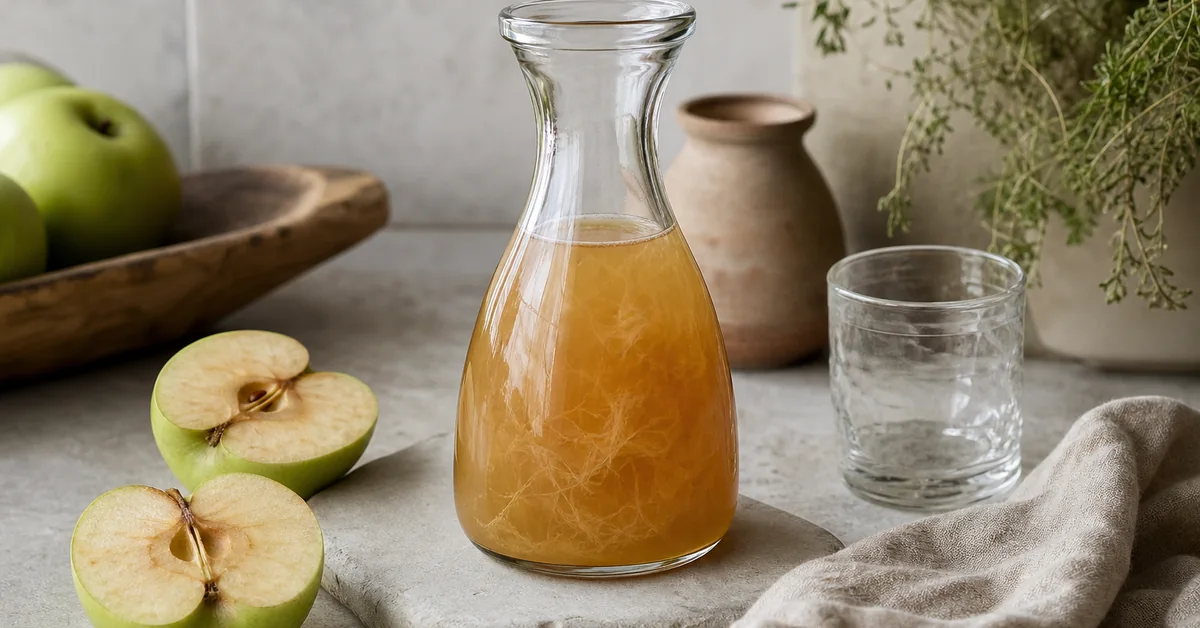 Flasche Apfelessig neben frischen Äpfeln auf einem hellen Tisch