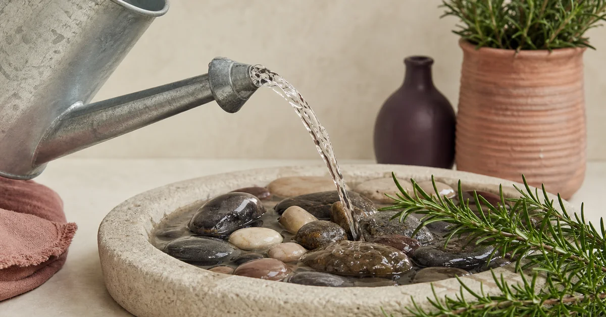 Klares Wasser fliesst über ein Holzbecken mit Kieselsteinen und frischen Kräutern – ruhige Kneipp-Szene in Creme- und Erdtönen.